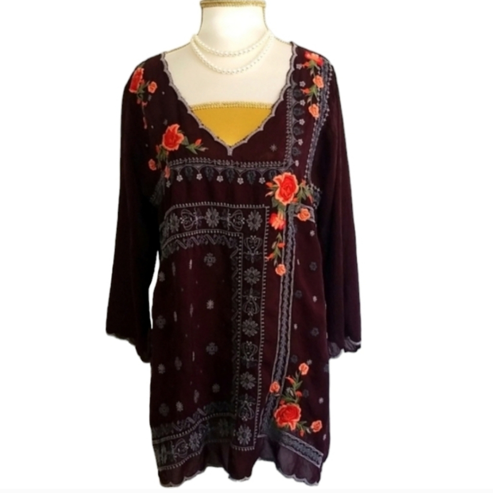 Johnny Was Bennet Blouse Floral Embroidered Blouse 3/4 Sleeve Burgundy Tunic Top